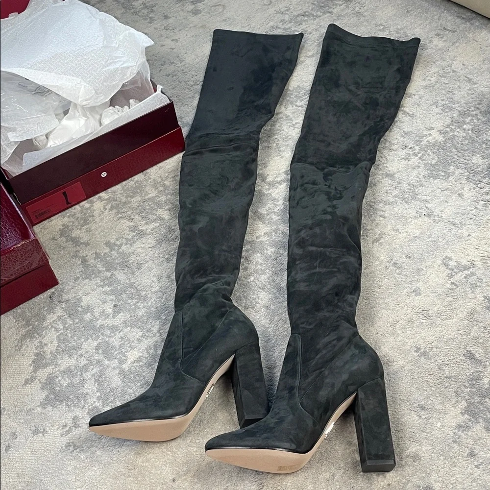 NIB Tamara Mellon Helmut Over The Knee Stretch Suede Boots Dark Grey Gray 40